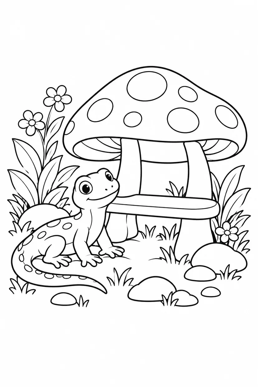 トカゲときのこのベンチの塗り絵
