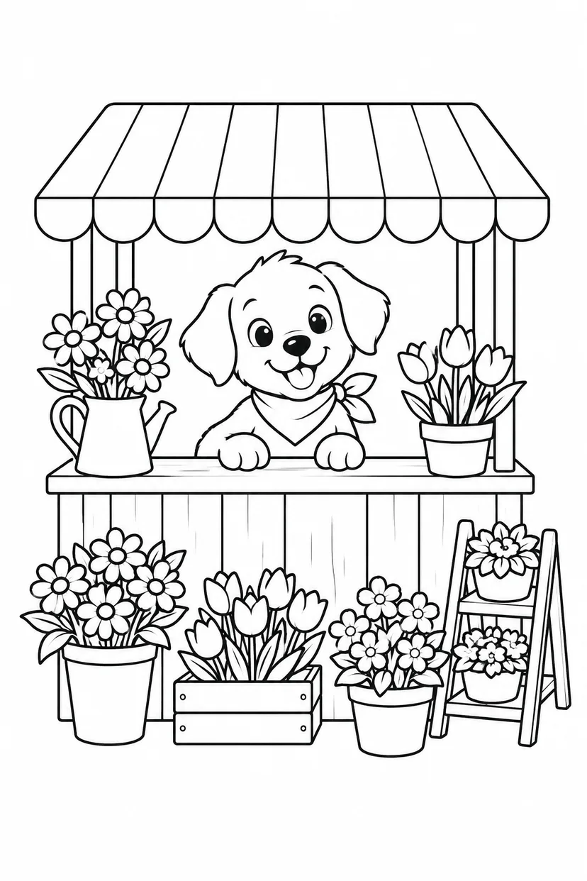 こいぬのお花屋さんの屋台の塗り絵