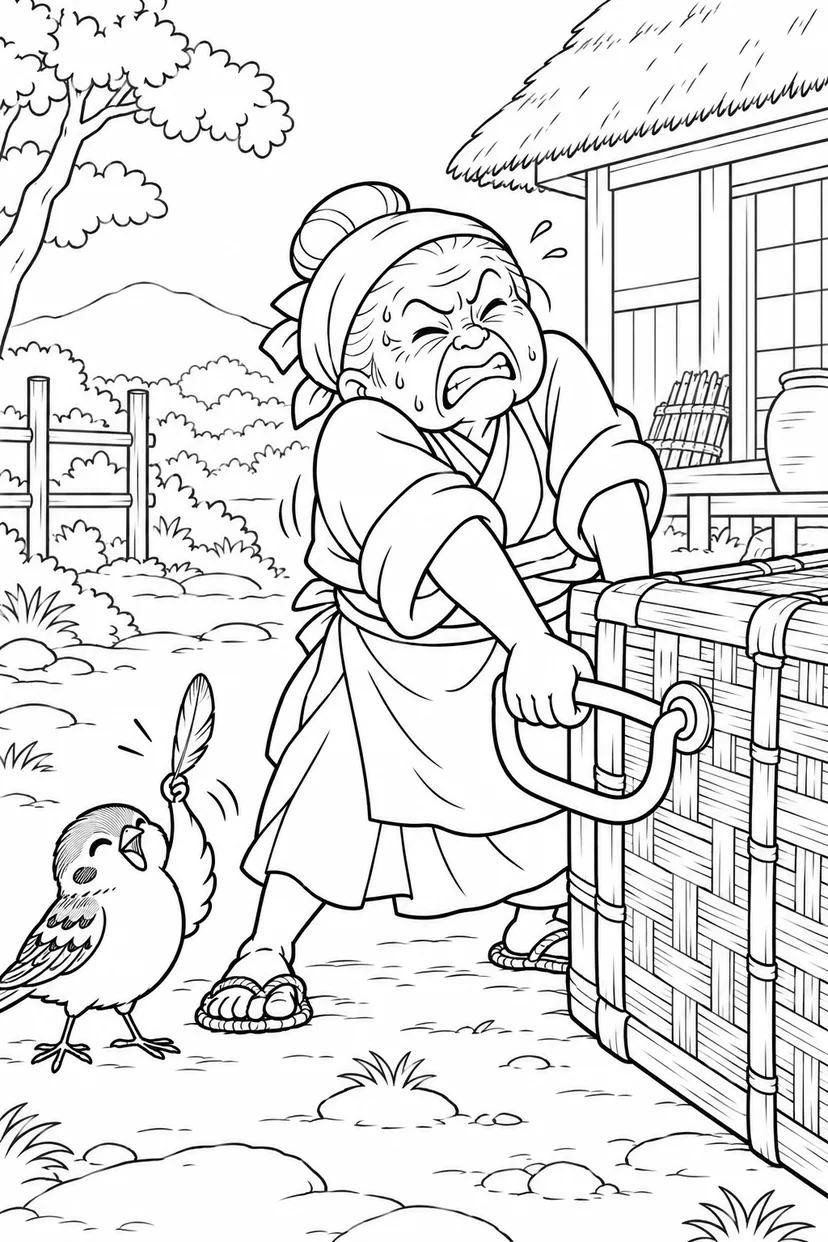 したきりすずめ：大きなつづらがびくともしないの塗り絵