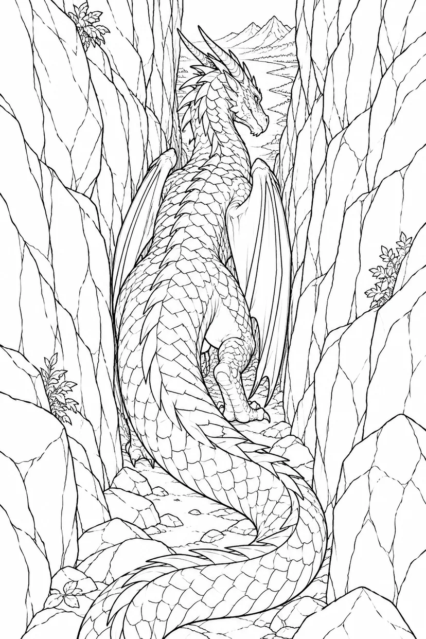 Dibujo de Dragón cruzando una garganta estrecha para colorear