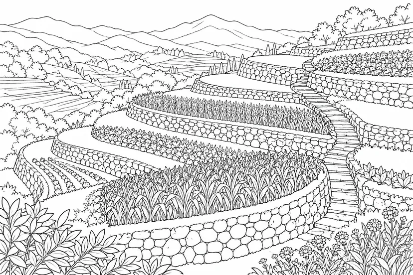 斜面に続く石の段々畑の塗り絵