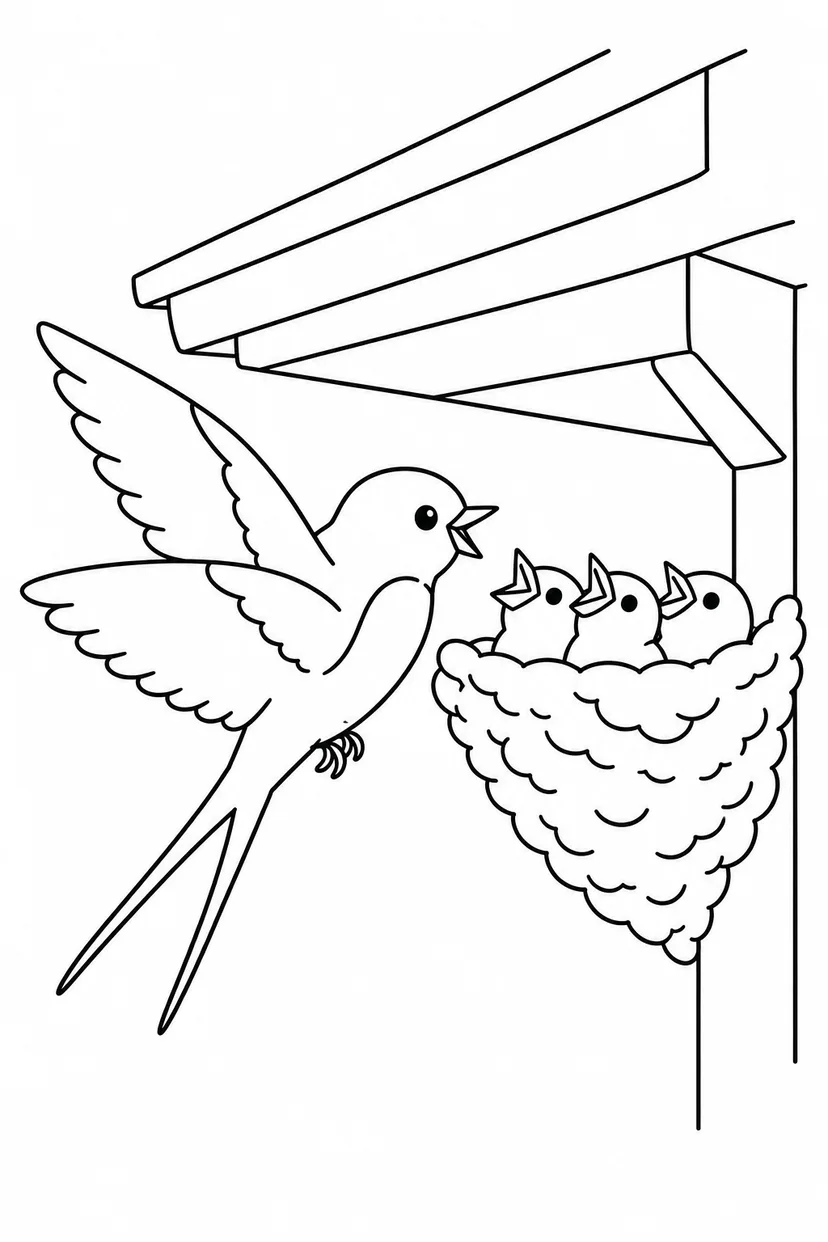ツバメとおうちの巣の塗り絵