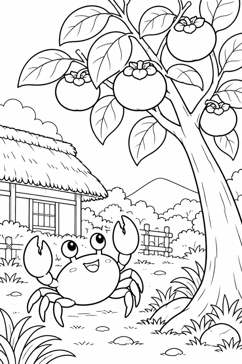 さるかに合戦 ほっこり：育つ柿の木を見上げての塗り絵
