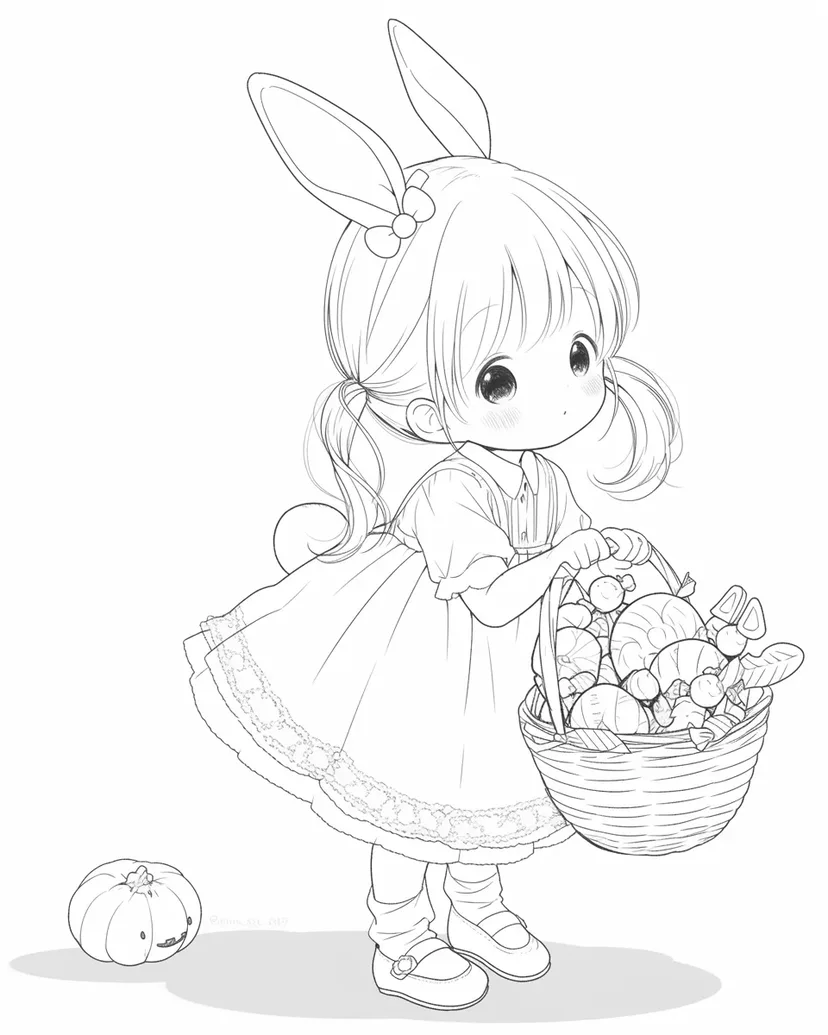 うさぎ耳の女の子とお菓子のかごの塗り絵