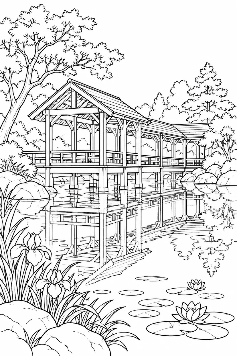 水辺に映る木造の回廊の塗り絵