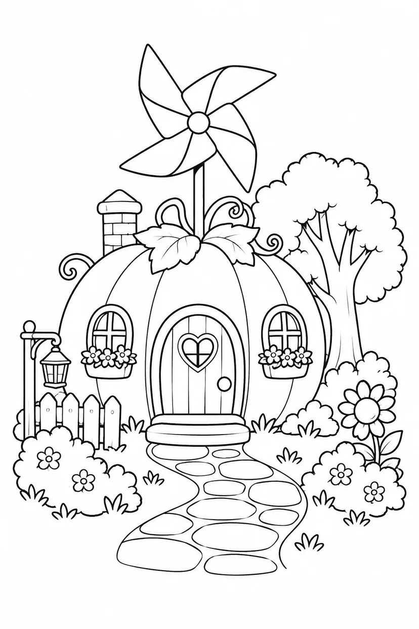 かぼちゃのおうちの屋根の風車の塗り絵