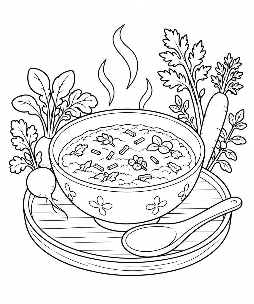 七草がゆのあたたかい朝の塗り絵