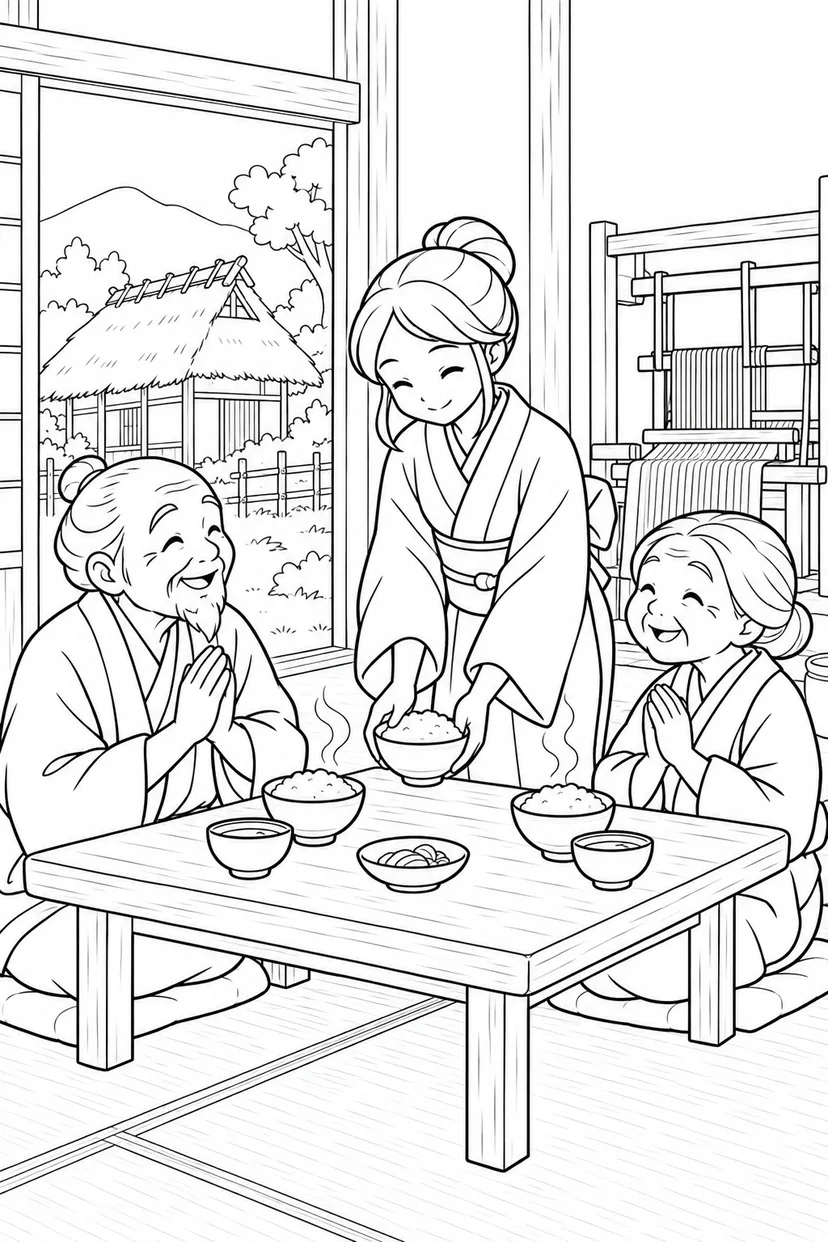 つるの恩返し：炊きたてごはんのおもてなしの塗り絵