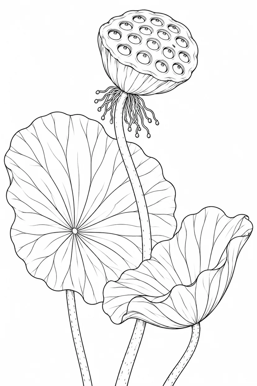 蓮の実を囲む大きな葉の塗り絵