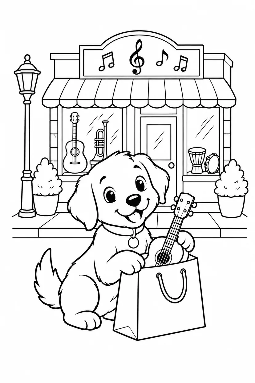 こいぬの楽器屋さんのお買い物の塗り絵