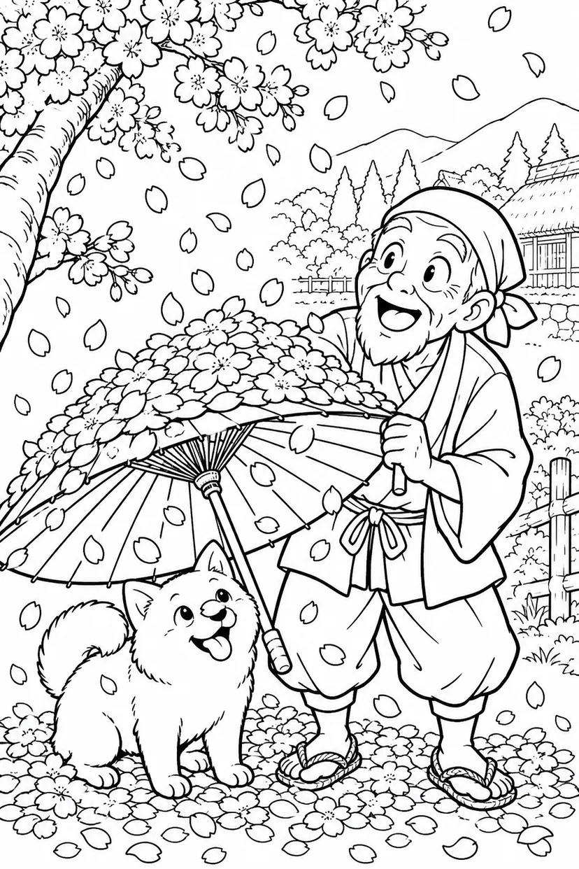 はなさかおじさん：和傘に積もった花びらの山（ギャグ）の塗り絵