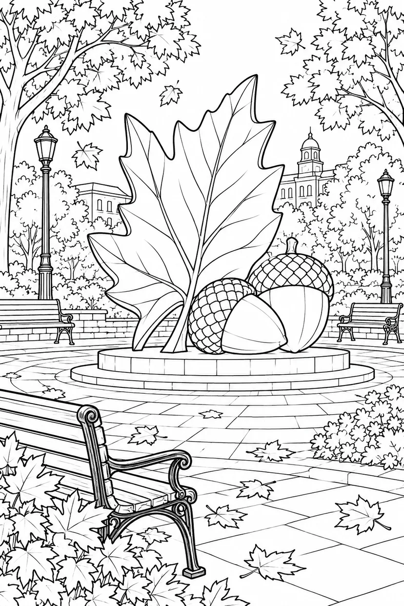 秋の公園の彫刻広場の塗り絵