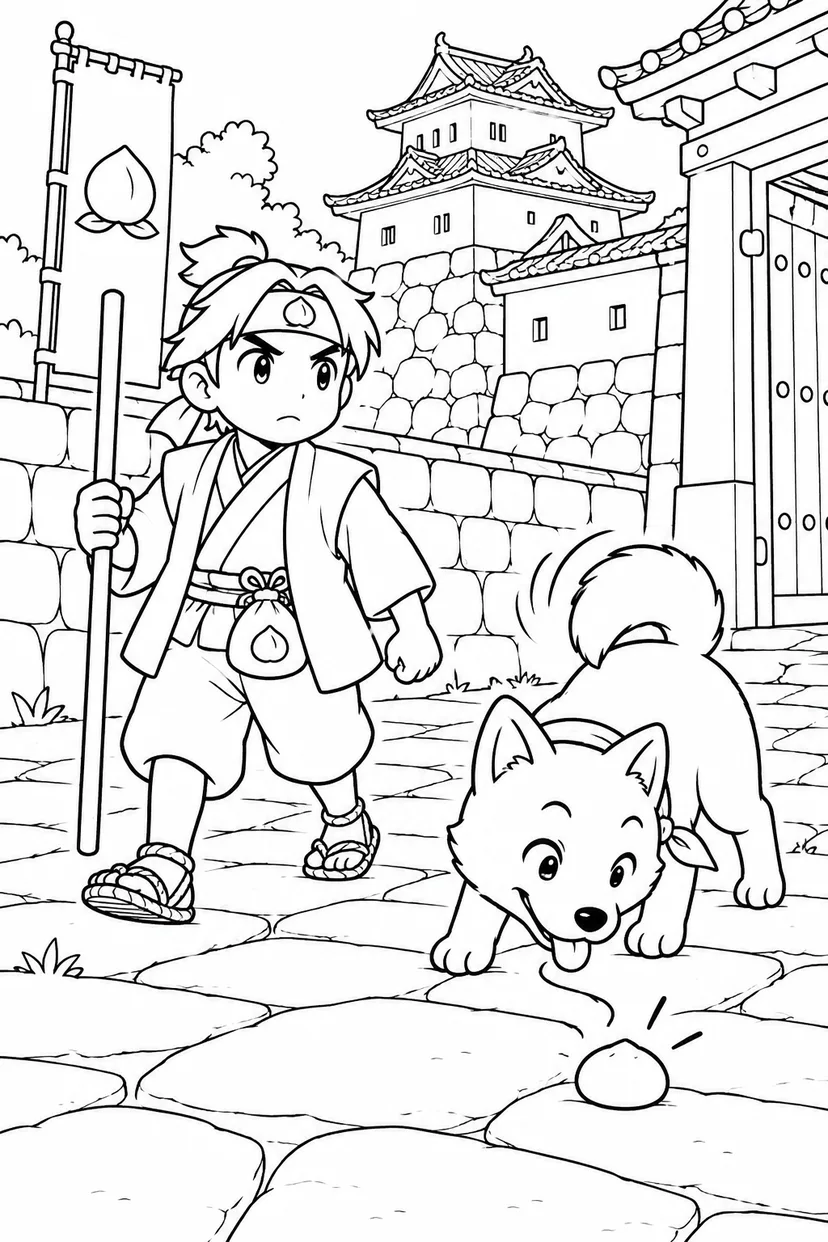 ギャグ桃太郎：桃太郎と犬の見回りの塗り絵