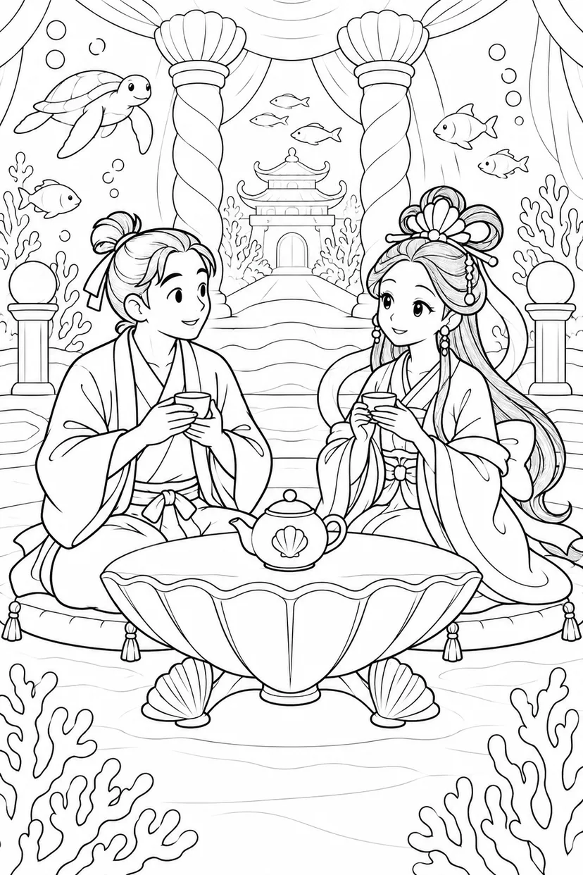 浦島太郎：貝殻の茶席（ほっこり）の塗り絵