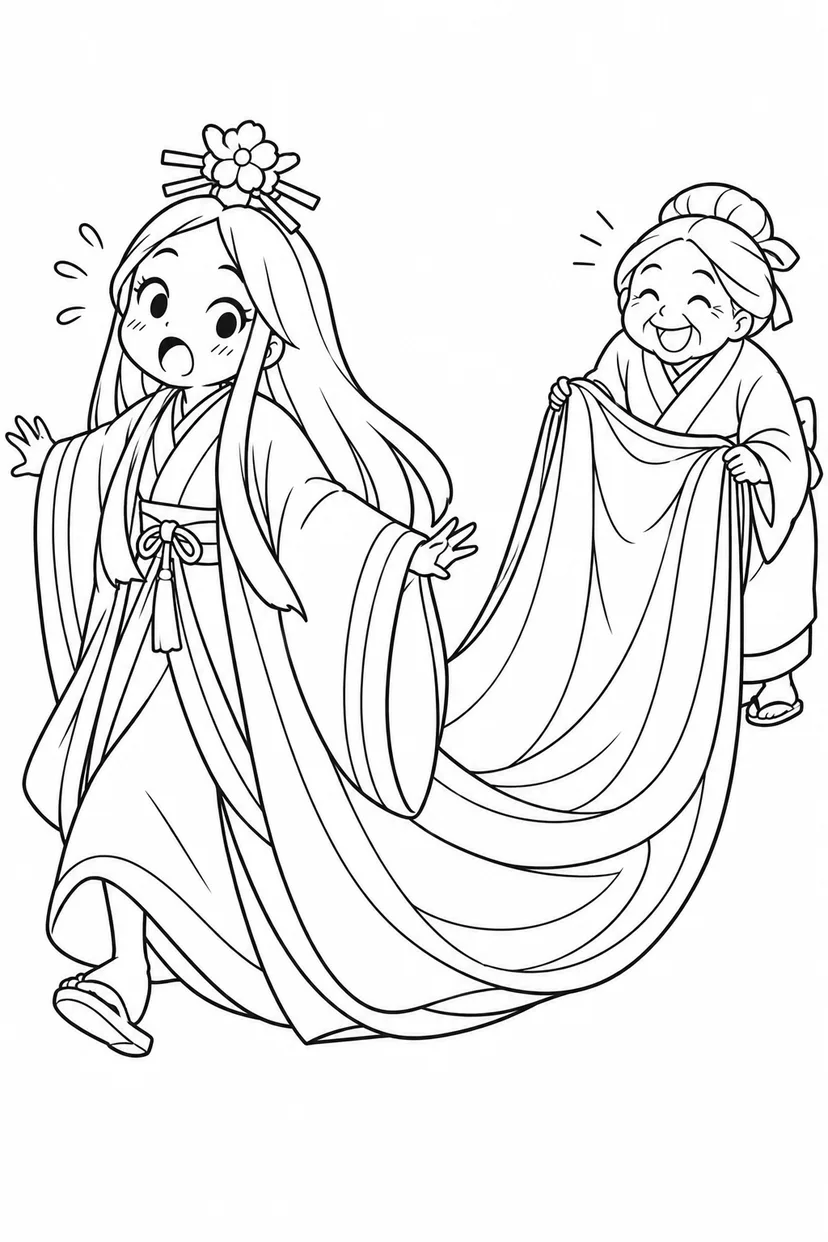 かぐや姫の十二単が長すぎるの塗り絵