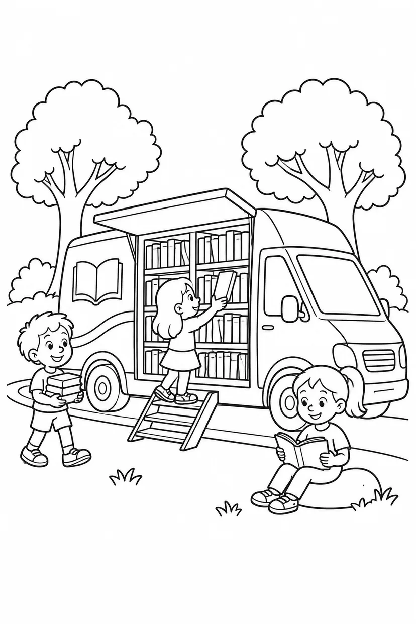 移動図書館と森の道の塗り絵