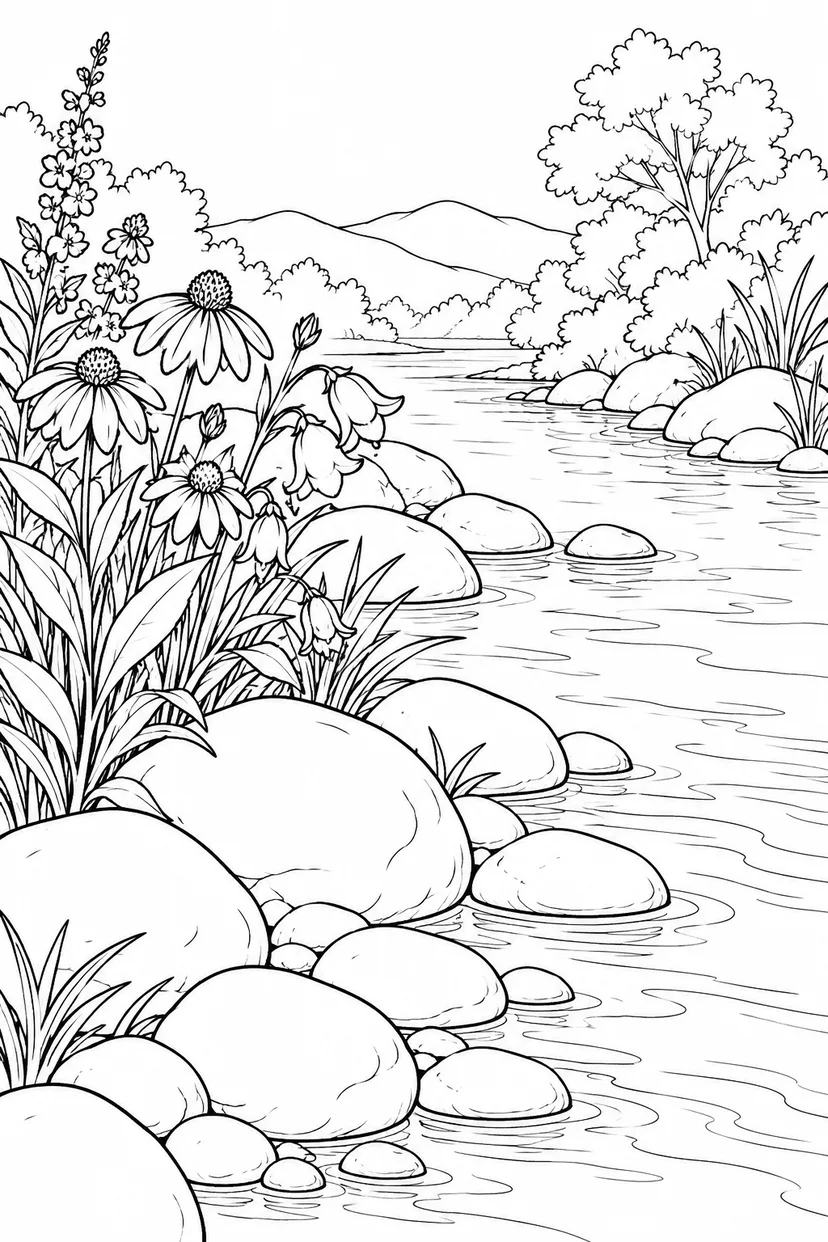 川の石と水辺の野草の塗り絵