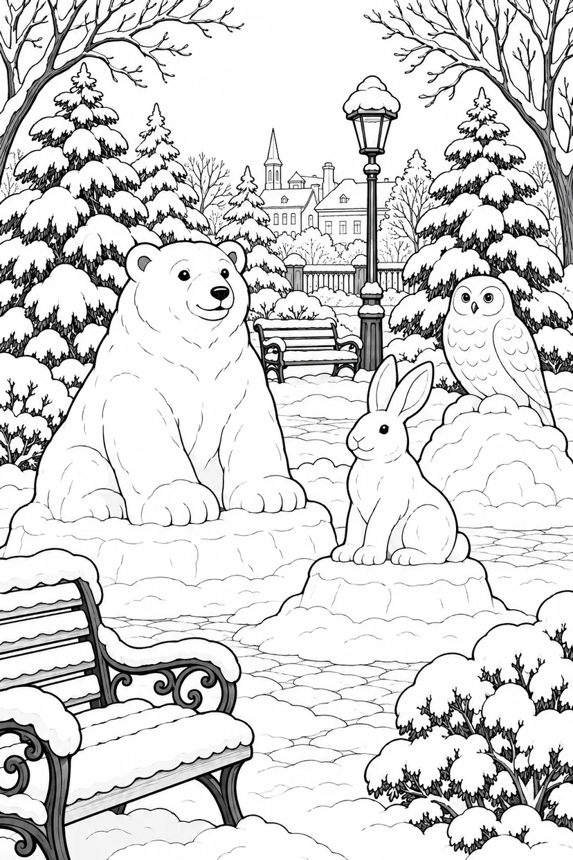 冬の公園の彫刻広場の塗り絵