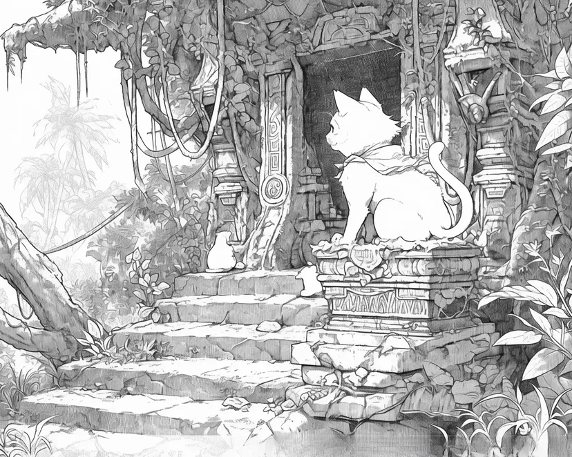 Dibujo de Gato Explorando Misterios de la Jungla para colorear
