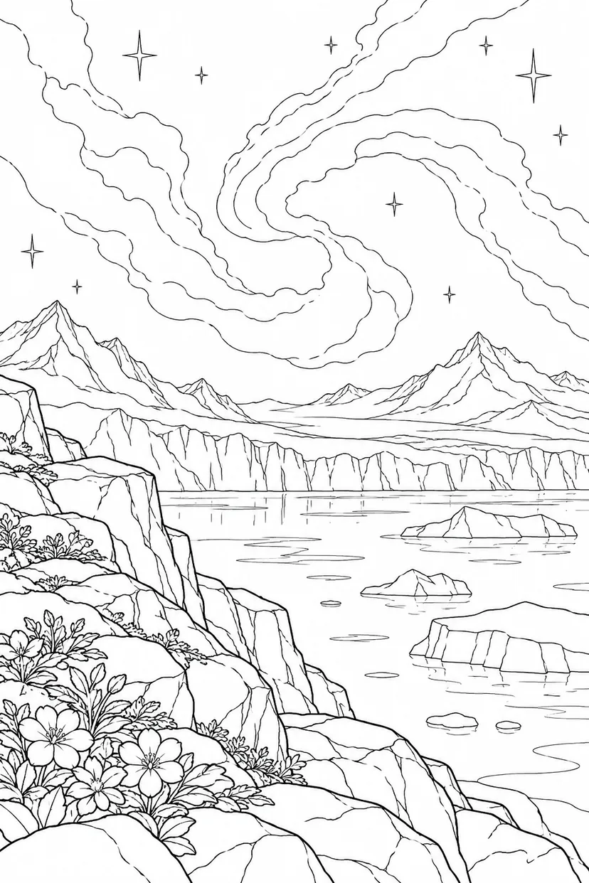 氷河と岩の岬と星雲のゆらめきの塗り絵