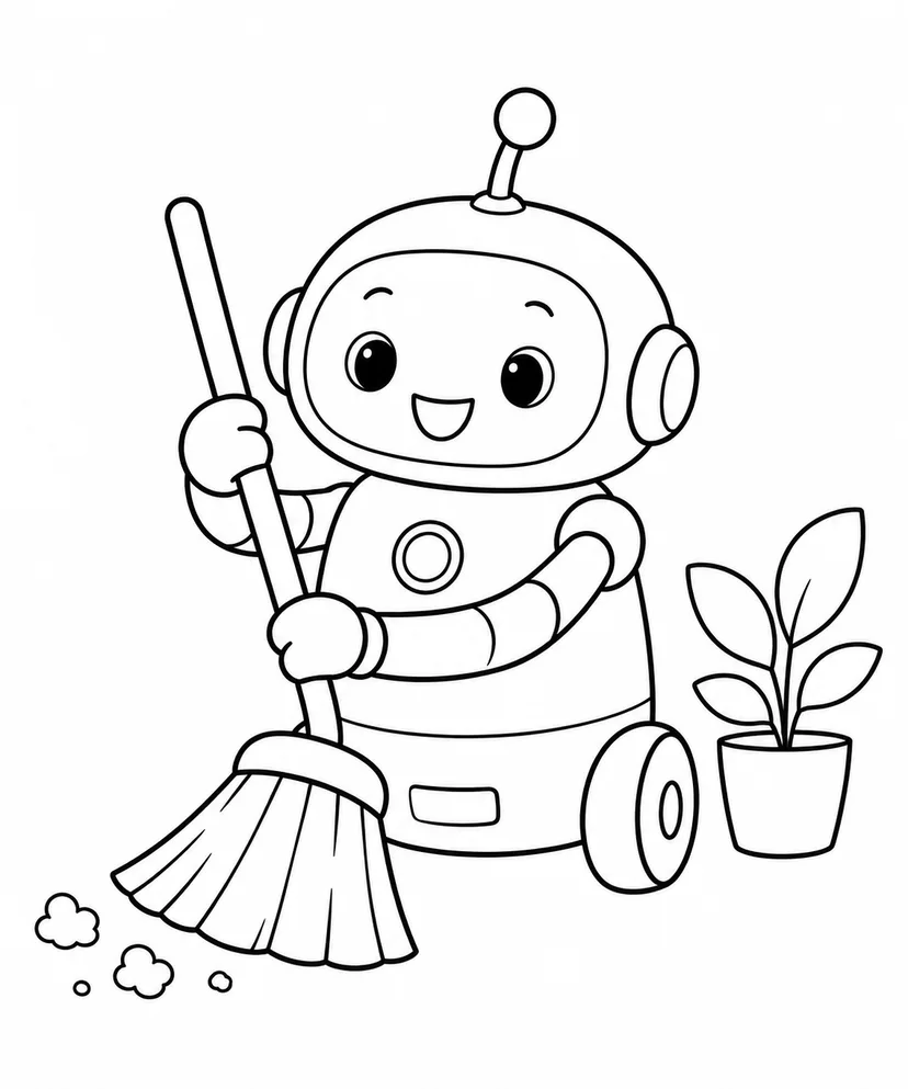 おそうじロボットとほうきの塗り絵