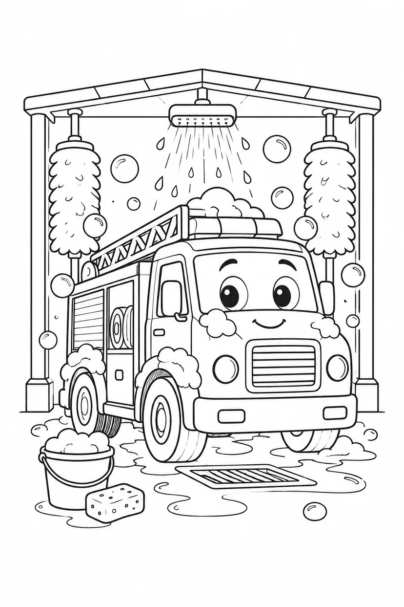 消防車と洗車場の塗り絵