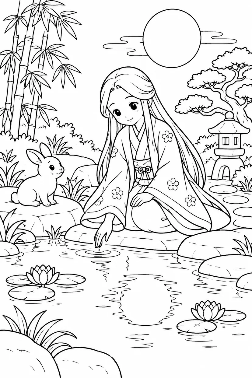 かぐや姫と丸い月の池の塗り絵