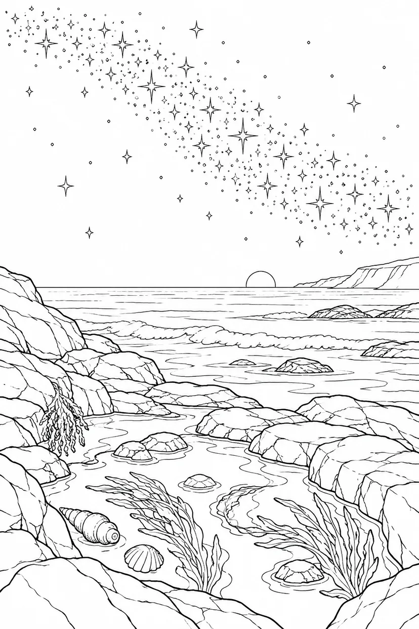潮だまりの岩礁と天の川の塗り絵