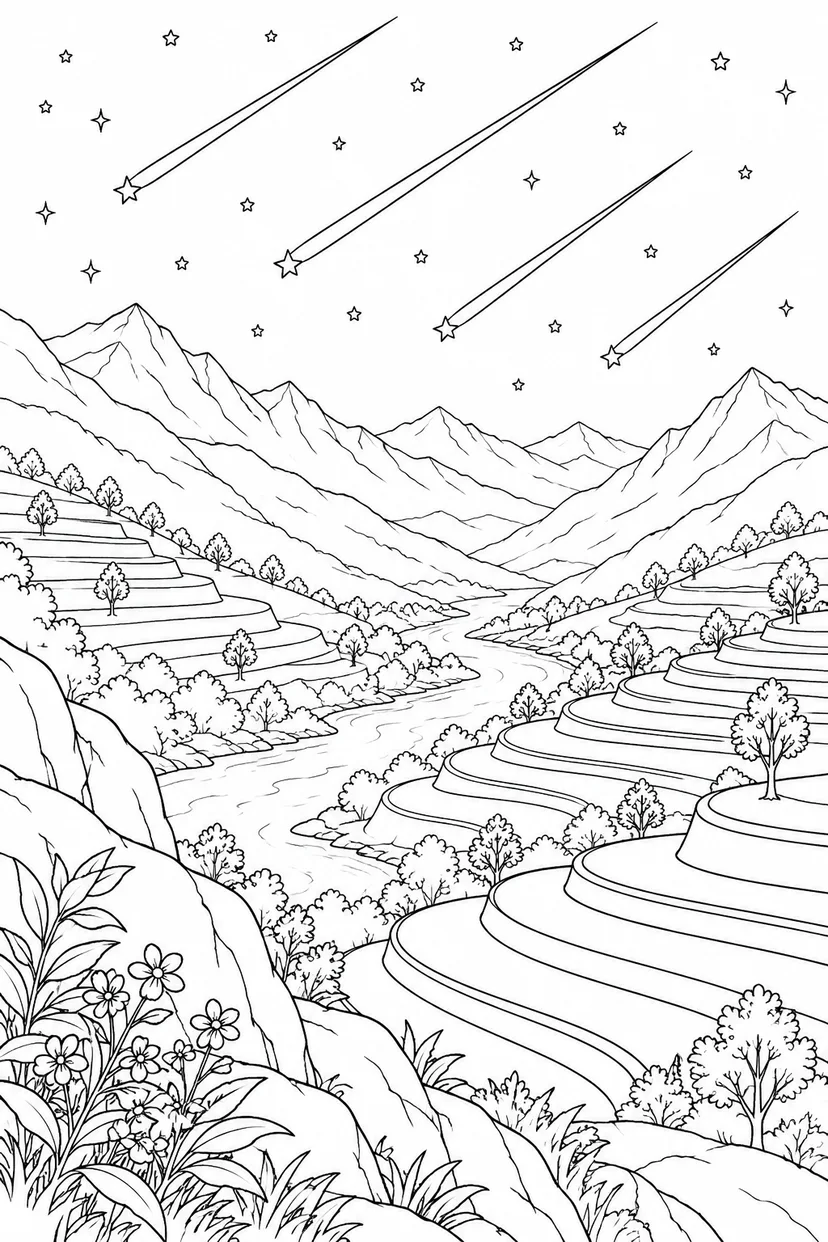 段々畑の谷と流星群の塗り絵