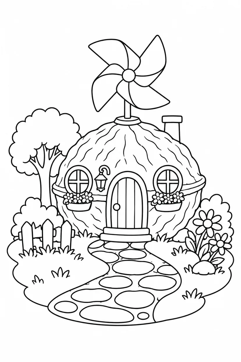 くるみのおうちの屋根の風車の塗り絵