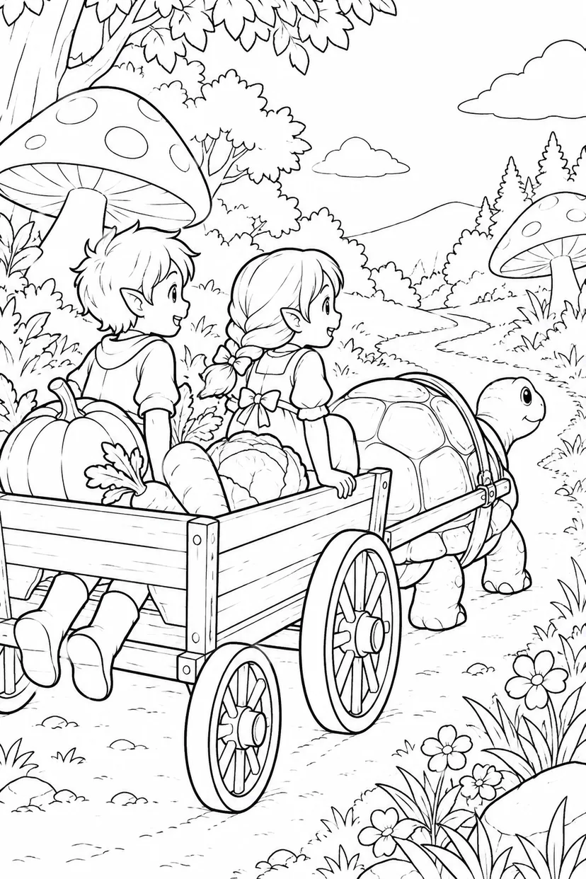森を走るカメのワゴンの塗り絵