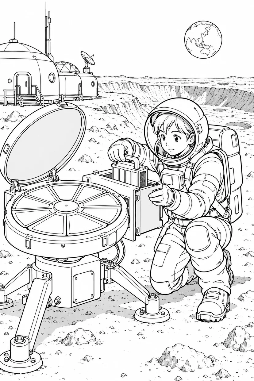 月のクレーター基地：宇宙のちりを集める装置の塗り絵
