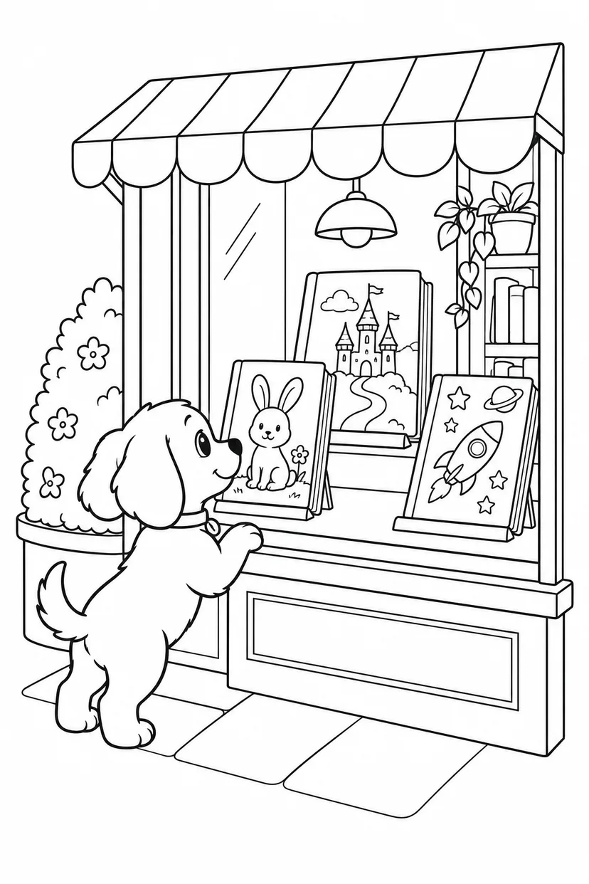 こいぬの本屋さんのショーウィンドウの塗り絵
