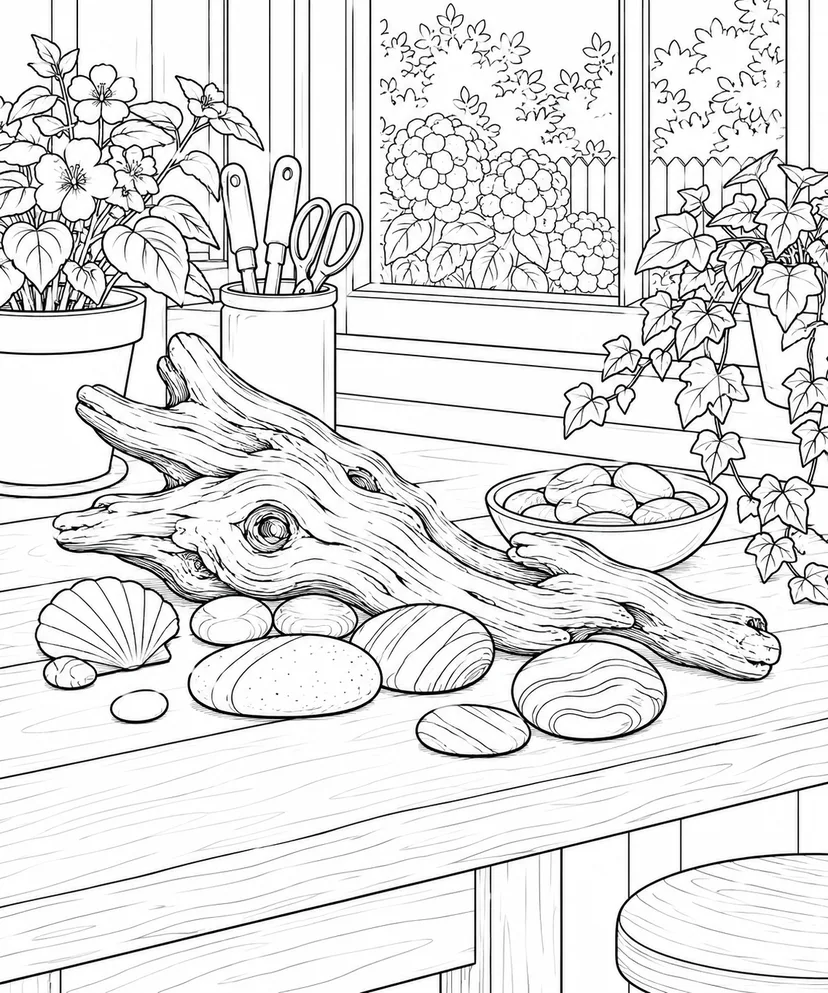 自然のひとこま：流木と丸い小石の塗り絵