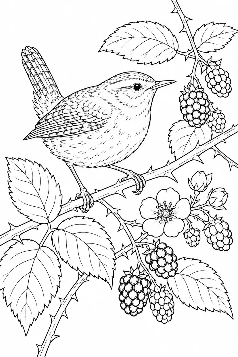 観察スケッチ：ミソサザイといばらの茂みの塗り絵