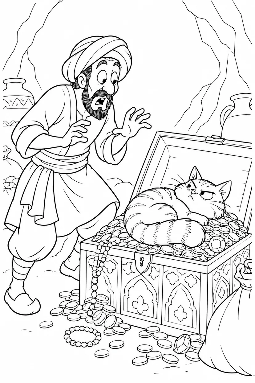 阿里巴巴与四十大盗：把宝箱当床的猫（搞笑）涂色页