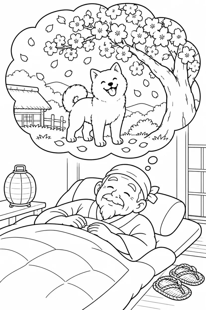 はなさかおじさん：夢で会う白い犬と桜（ほっこり）の塗り絵