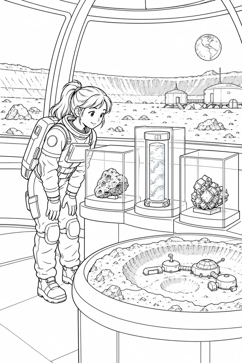 月のクレーター基地：探査標本の展示室の塗り絵
