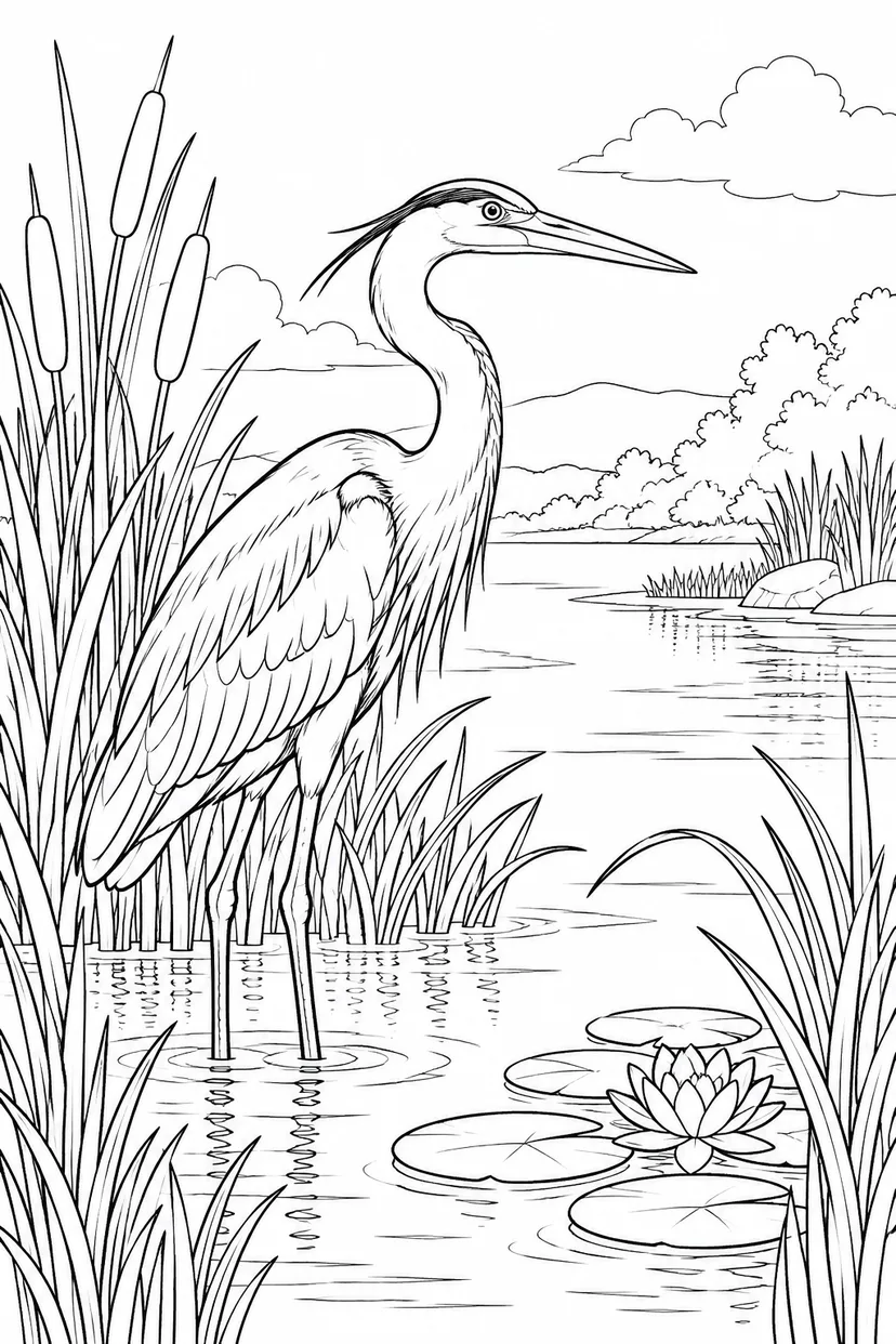自然のひとこま：サギと水辺の葦の塗り絵