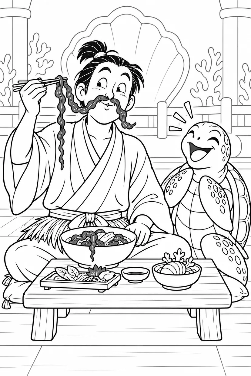 浦島太郎：海藻でできた口ひげ（ギャグ）の塗り絵