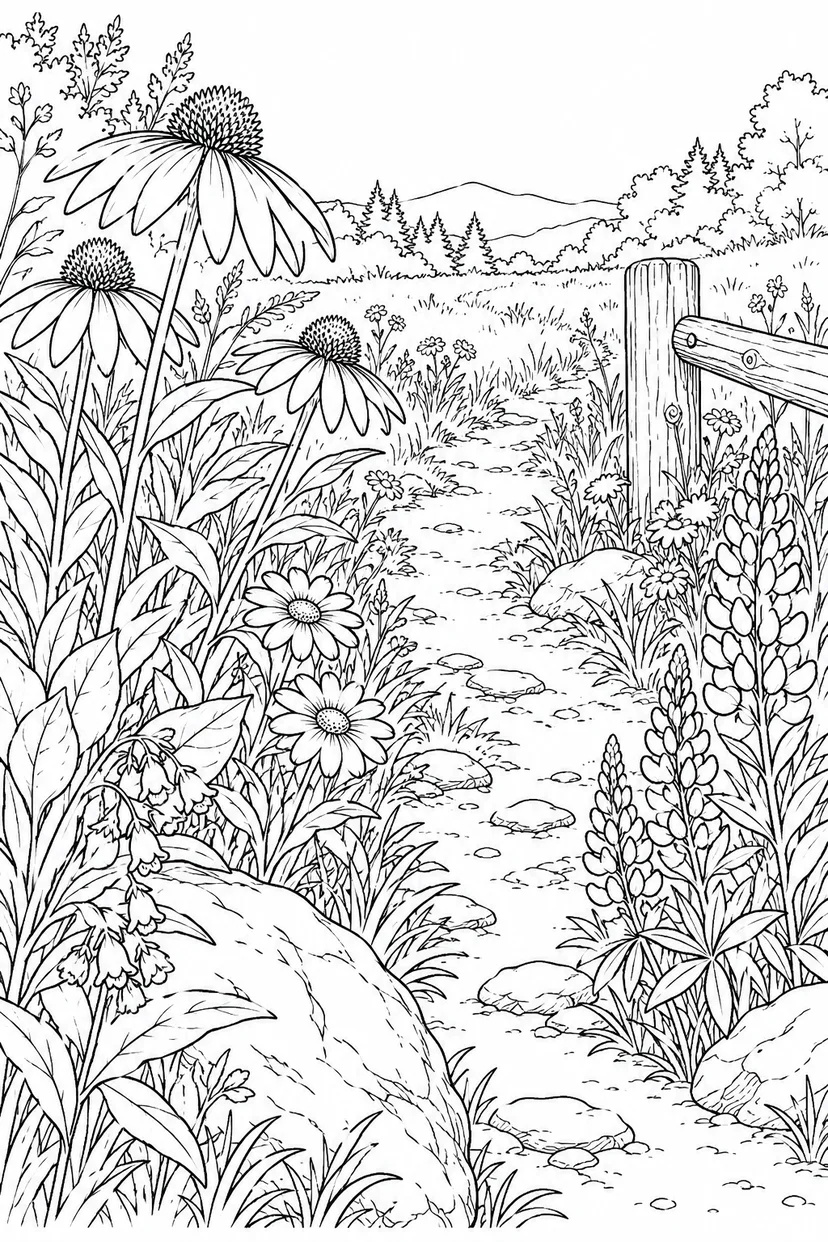 観察スケッチ：野の花が並ぶ草原の道の塗り絵