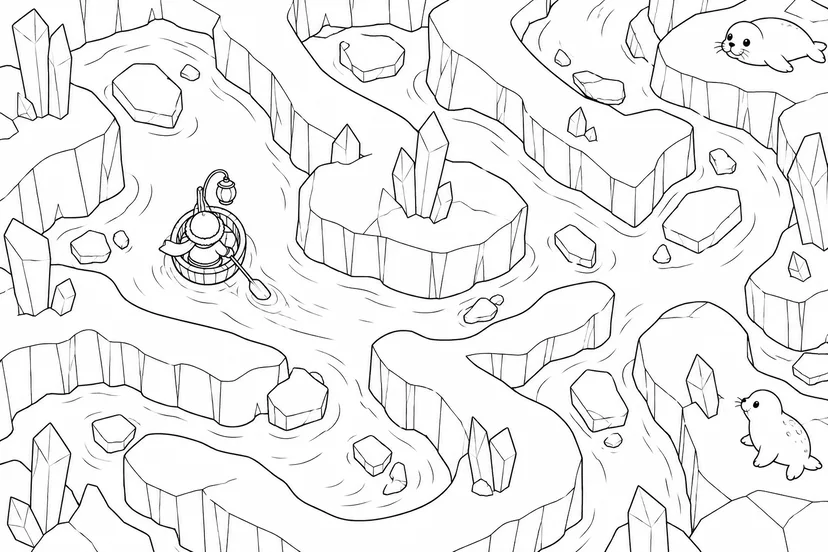 氷の迷路を進むランタン船の塗り絵