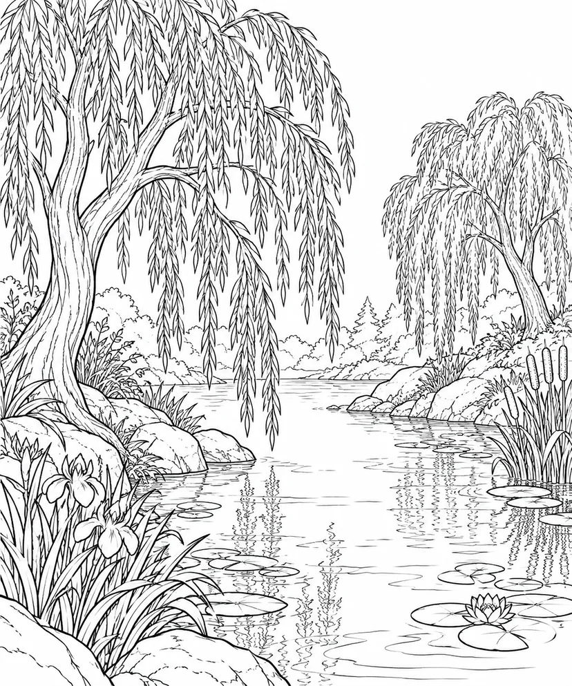 自然のひとこま：水辺のしだれ柳の塗り絵