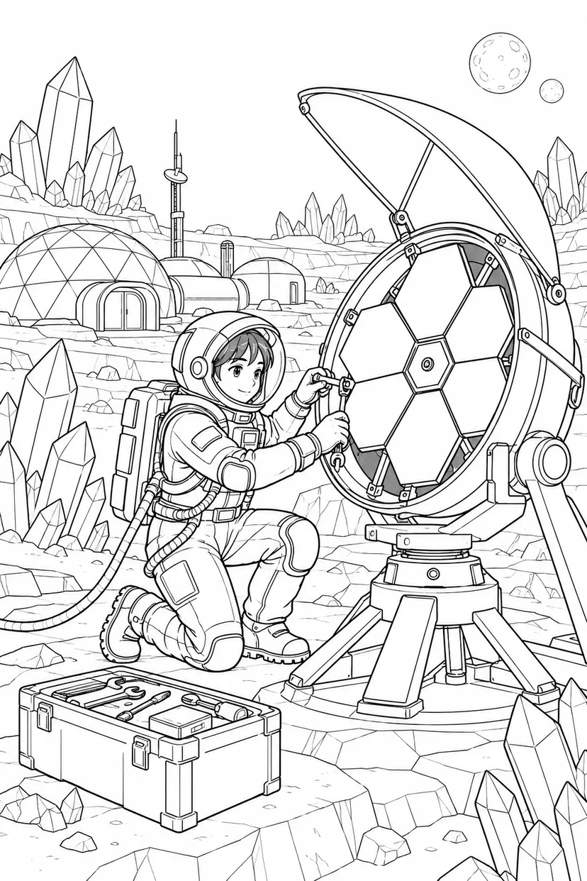 空想の結晶惑星の基地：組み立て中の望遠鏡の塗り絵