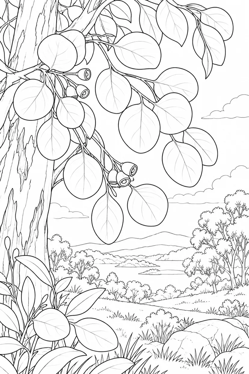 自然のひとこま：ユーカリの丸い葉の塗り絵