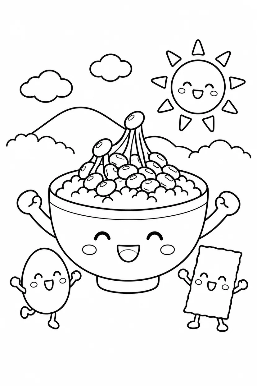 納豆ごはんの朝のごあいさつの塗り絵