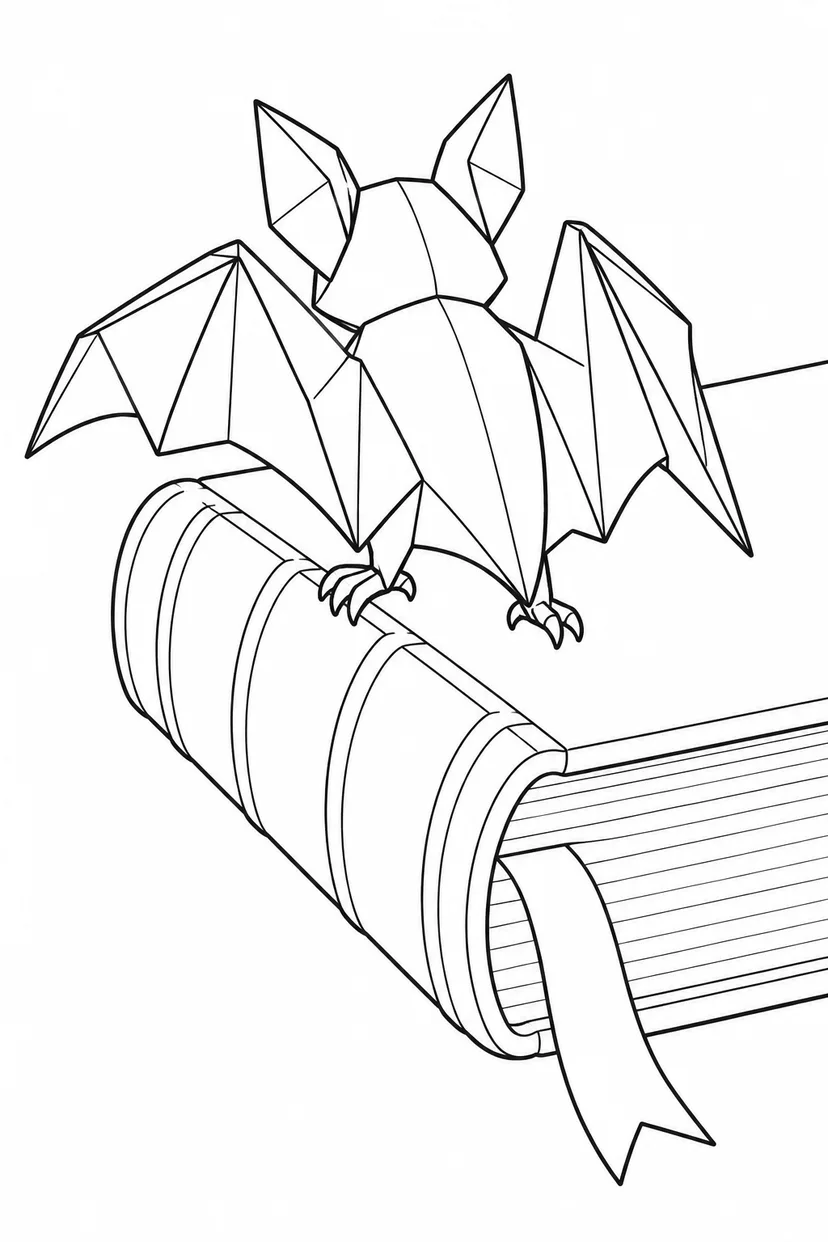 本の背にとまる紙のコウモリの塗り絵