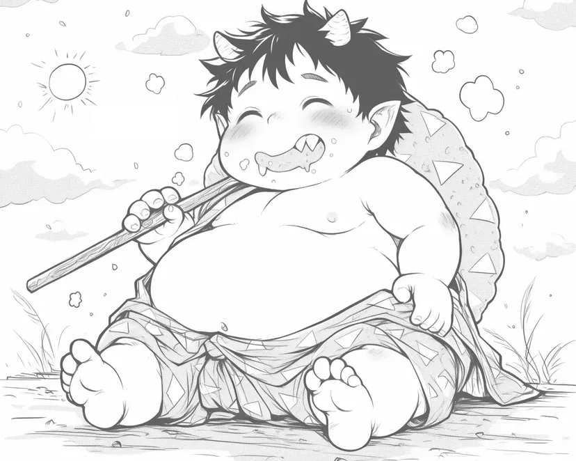 Dibujo de Oni regordete tomando el sol para colorear