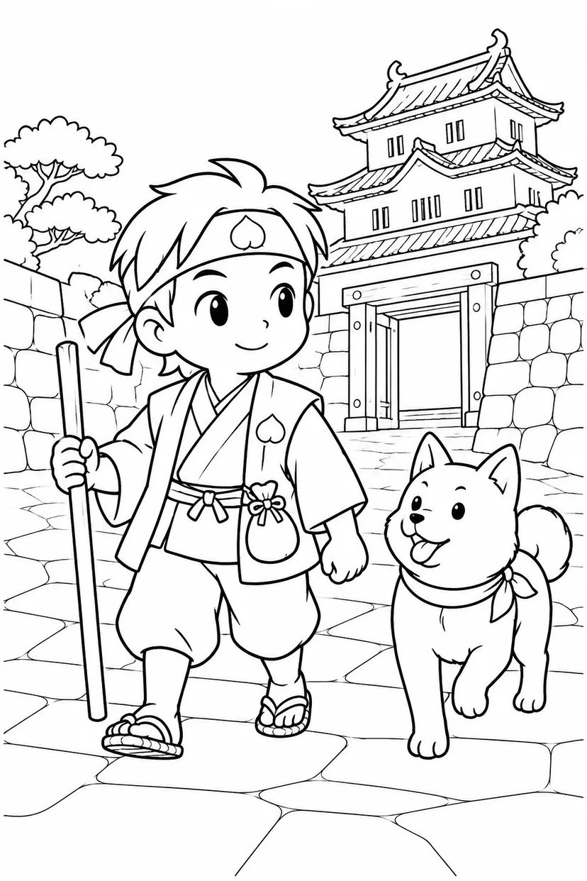 ほっこり桃太郎：桃太郎と犬の見回りの塗り絵