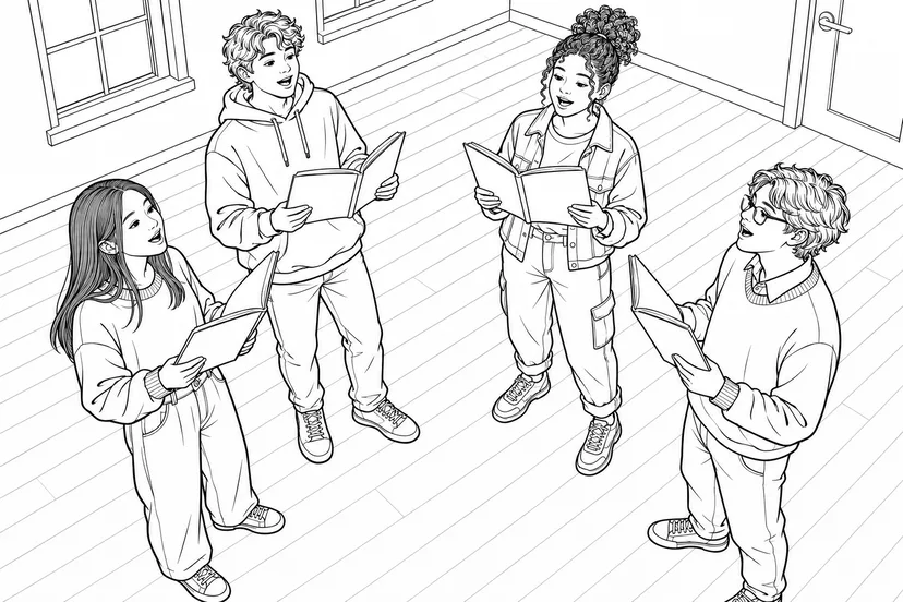 輪になって歌う四人の塗り絵
